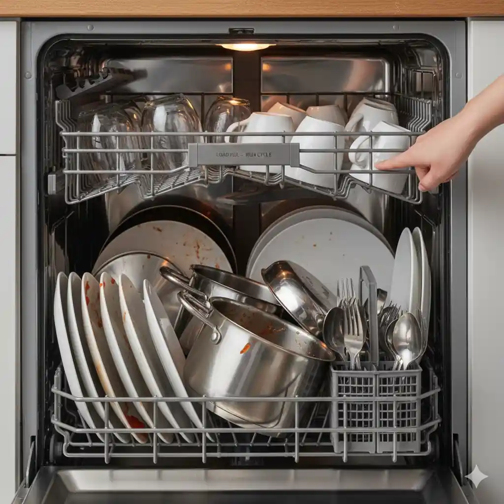 Open dishwasher filled to capacity with dirty dishes, pots, and glasses, ready to be run, illustrating the tip to run when full.