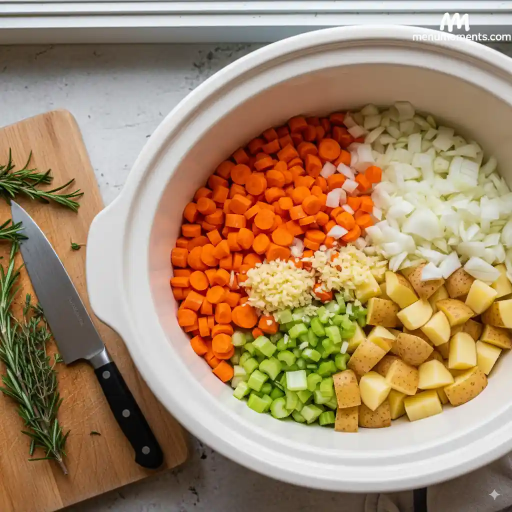 Diced carrots, celery, onion, garlic, and potatoes in a white crockpot, with fresh rosemary and a knife on a wooden cutting board beside it. Image branded with menumoments.com.