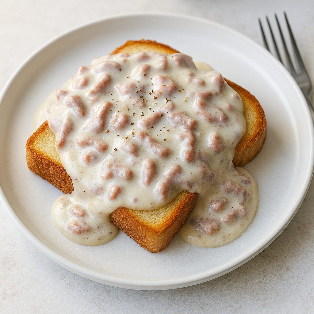 White gravy over golden toast (shit on a shingle), plated simply with natural kitchen lighting.