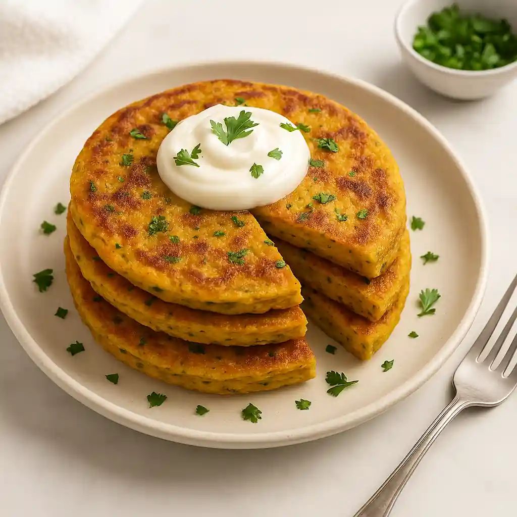 Assorted Indian chickpea flour dishes including pakora, bhaji, besan chilla, kadhi, and besan ladoo, beautifully plated on a rustic ceramic platter in bright natural kitchen lighting.