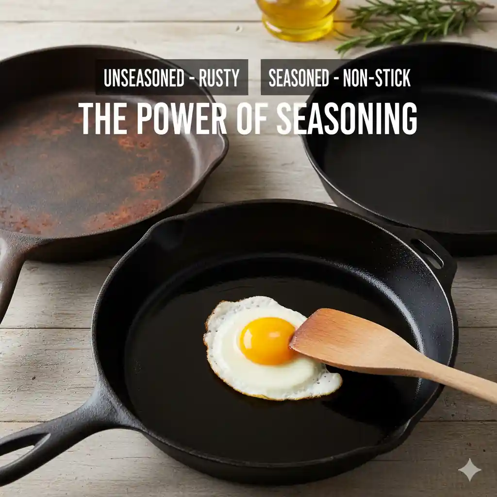A visual comparison of three cast iron pans: one unseasoned and rusty, one perfectly seasoned and non-stick, and a third seasoned pan cooking a fried egg.