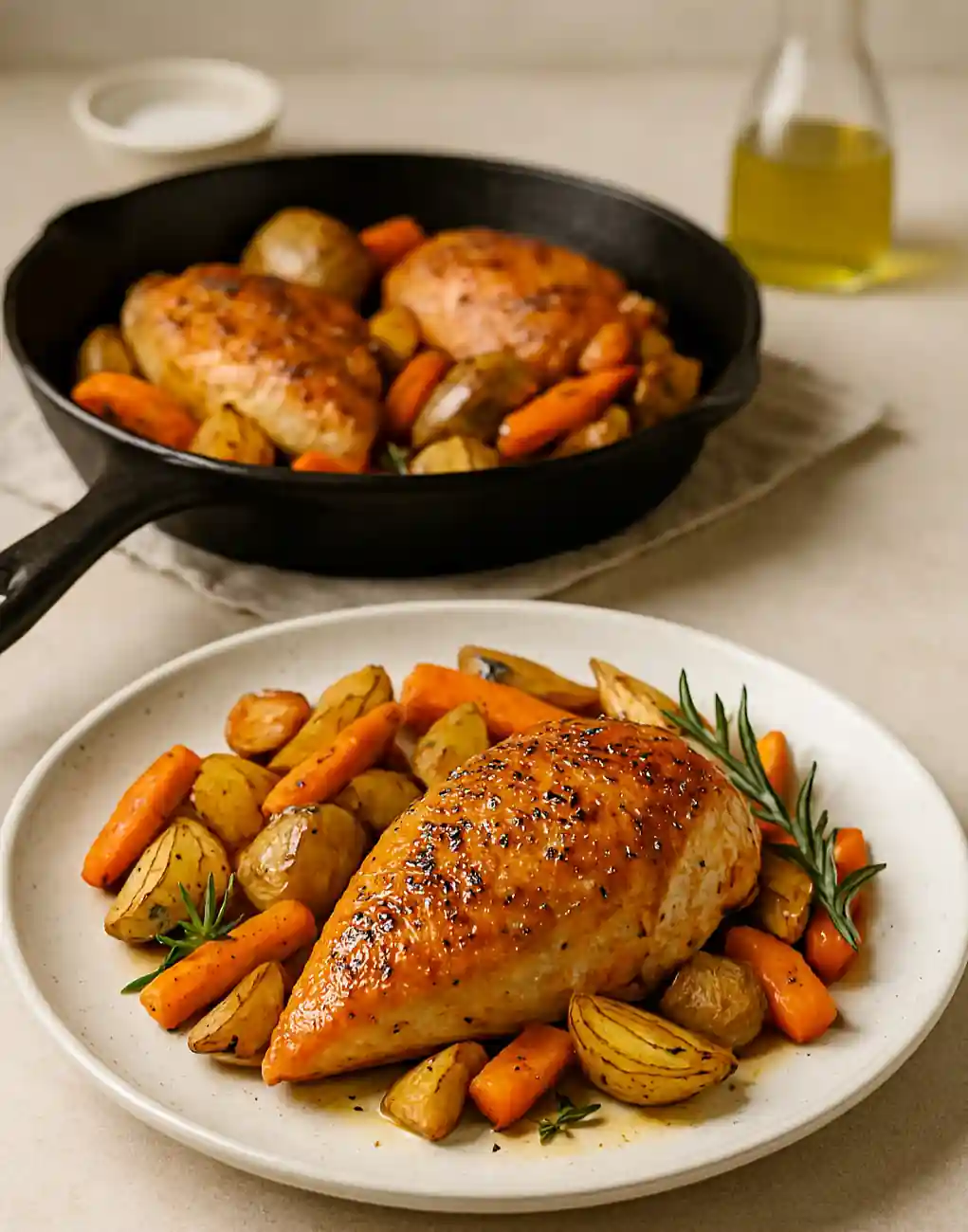 Roasted chicken thigh with carrots, potatoes, and rosemary on white plate