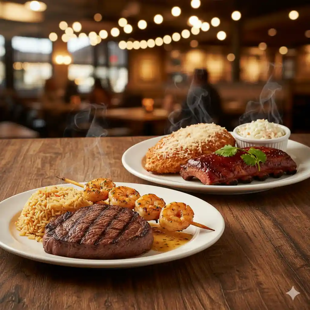 Two sizzling combo meals: a Steak & Shrimp Combo with rice, and a Chicken & Ribs Combo with coleslaw, served in a warm restaurant setting.