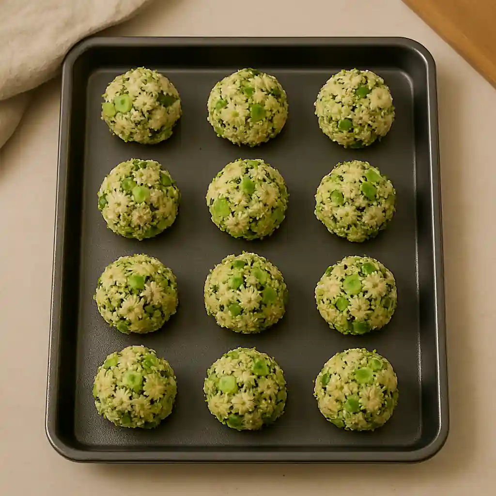 Uncooked vegetable rice balls with green vegetables and sesame seeds arranged on a non-stick baking tray.
