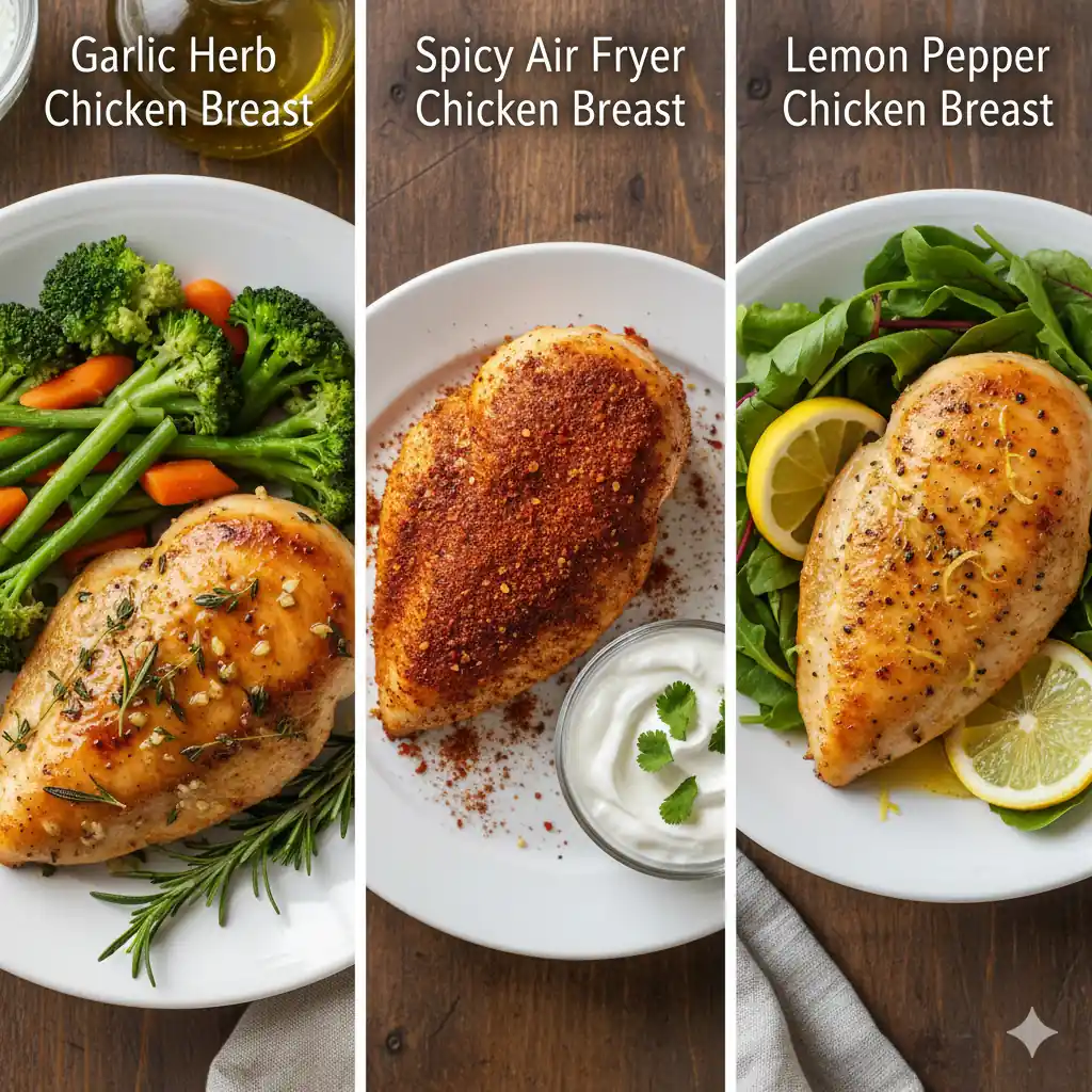 A triptych featuring three delicious air fryer chicken breast recipes: Garlic Herb with vegetables, Spicy with a cooling dip, and Lemon Pepper with fresh greens.