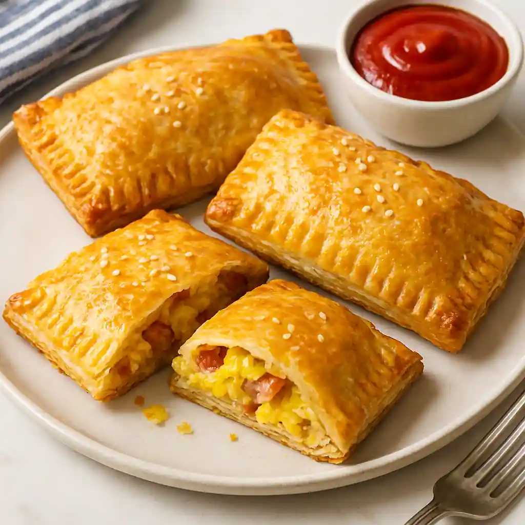 Golden-brown breakfast hand pies plated on a ceramic dish, one cut open to reveal egg, ham, and cheese filling, with a small bowl of ketchup beside it in bright natural kitchen lighting.