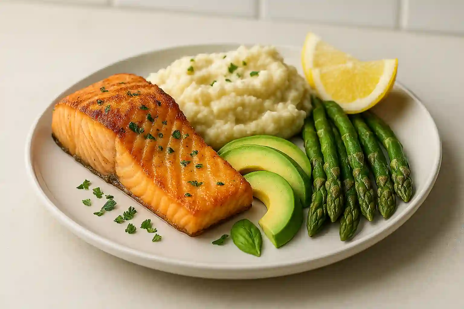 Single-serving keto dinner recipes with grilled chicken breast, zucchini ribbons, and garlic herb butter on a white plate in a bright kitchen
