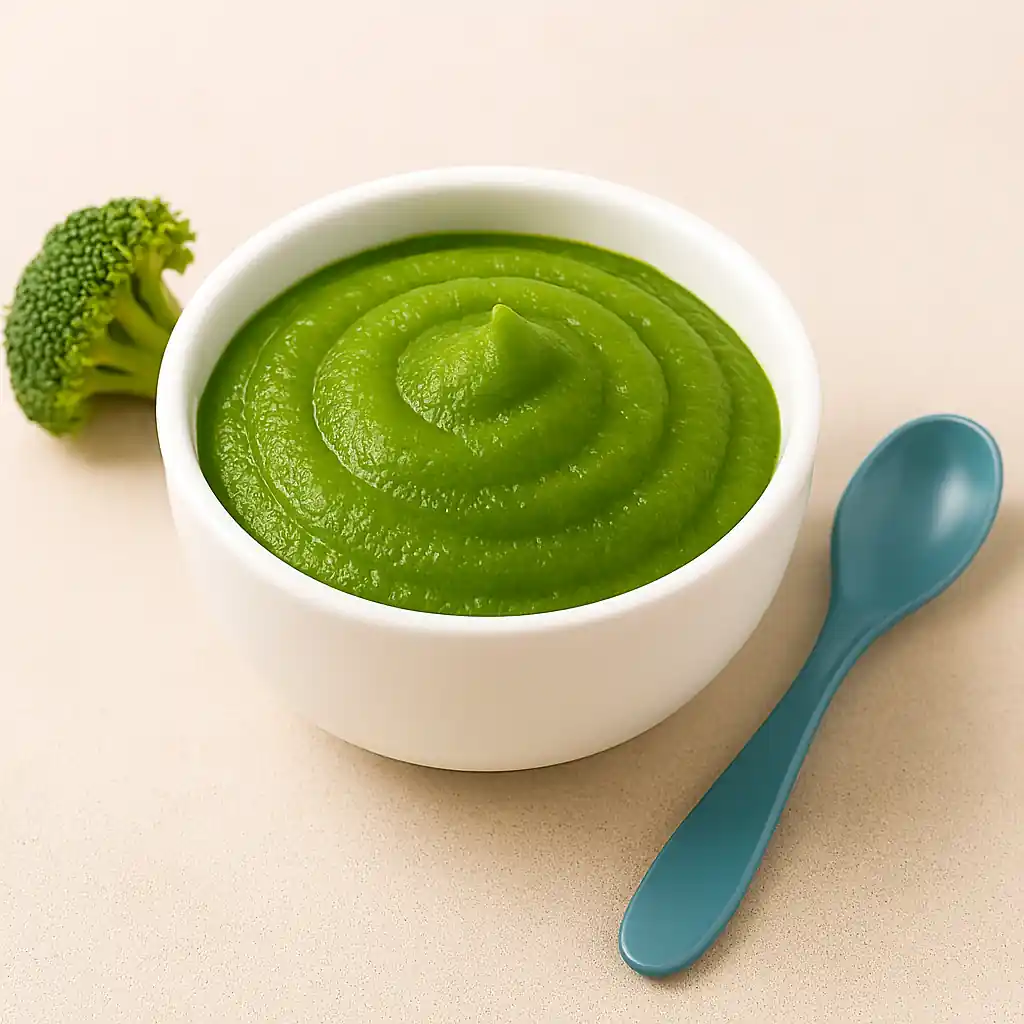 Broccoli baby puree in a white bowl with fresh broccoli floret and baby spoon on neutral background