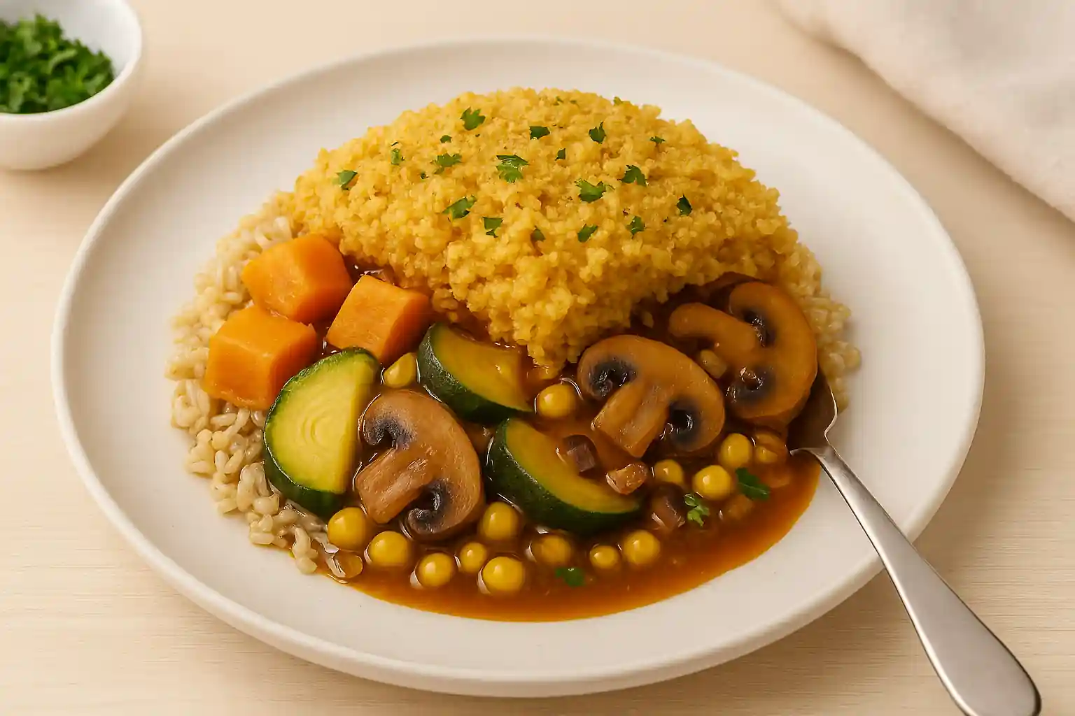 Plated vegan casserole showing grains, vegetables, sauce, and breadcrumb topping in natural kitchen light