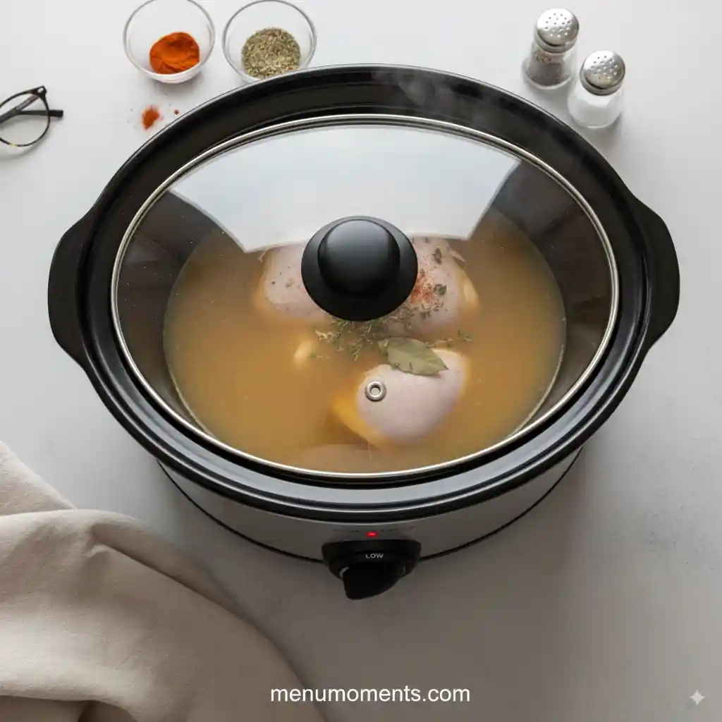 A lidded black crockpot on a 'low' setting, gently steaming with chicken soup inside, surrounded by spices and a kitchen towel, indicating the slow cooking process. Branding: menumoments.com