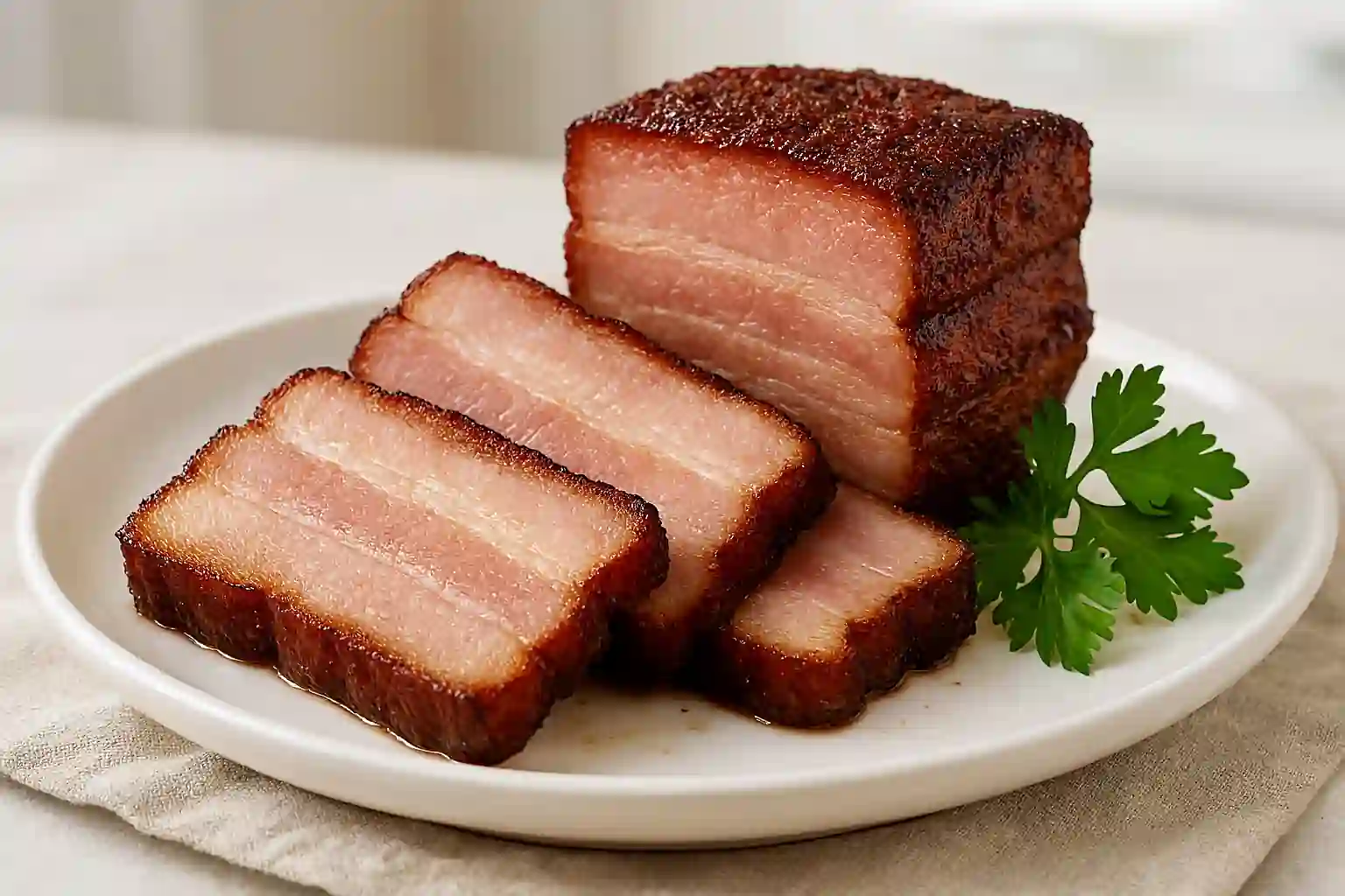 Beautifully plated smoked pork belly recipes slab with crispy crust and tender layers in natural kitchen light