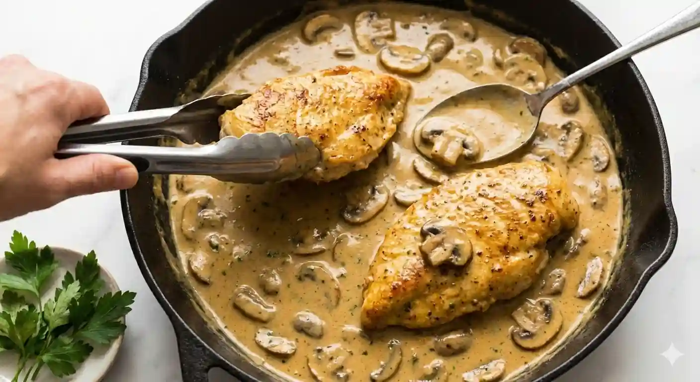 A hand using tongs places a seared chicken cutlet back into a skillet filled with a creamy mushroom marsala sauce, with a spoon ready to sauce the chicken.