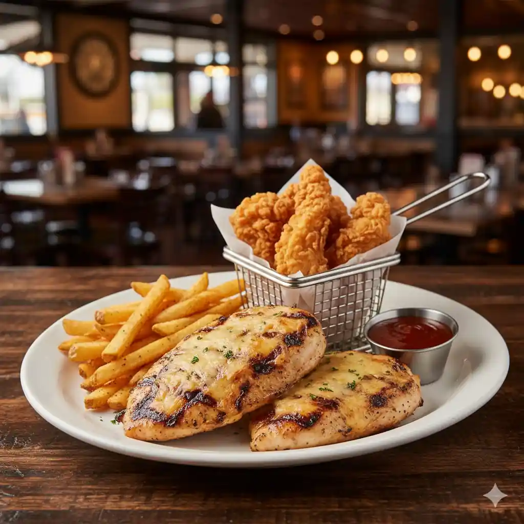 A plate featuring Longhorn Steakhouse's Parmesan Crusted Chicken breasts alongside a basket of crispy Longhorn Chicken Tenders and a serving of golden french fries.