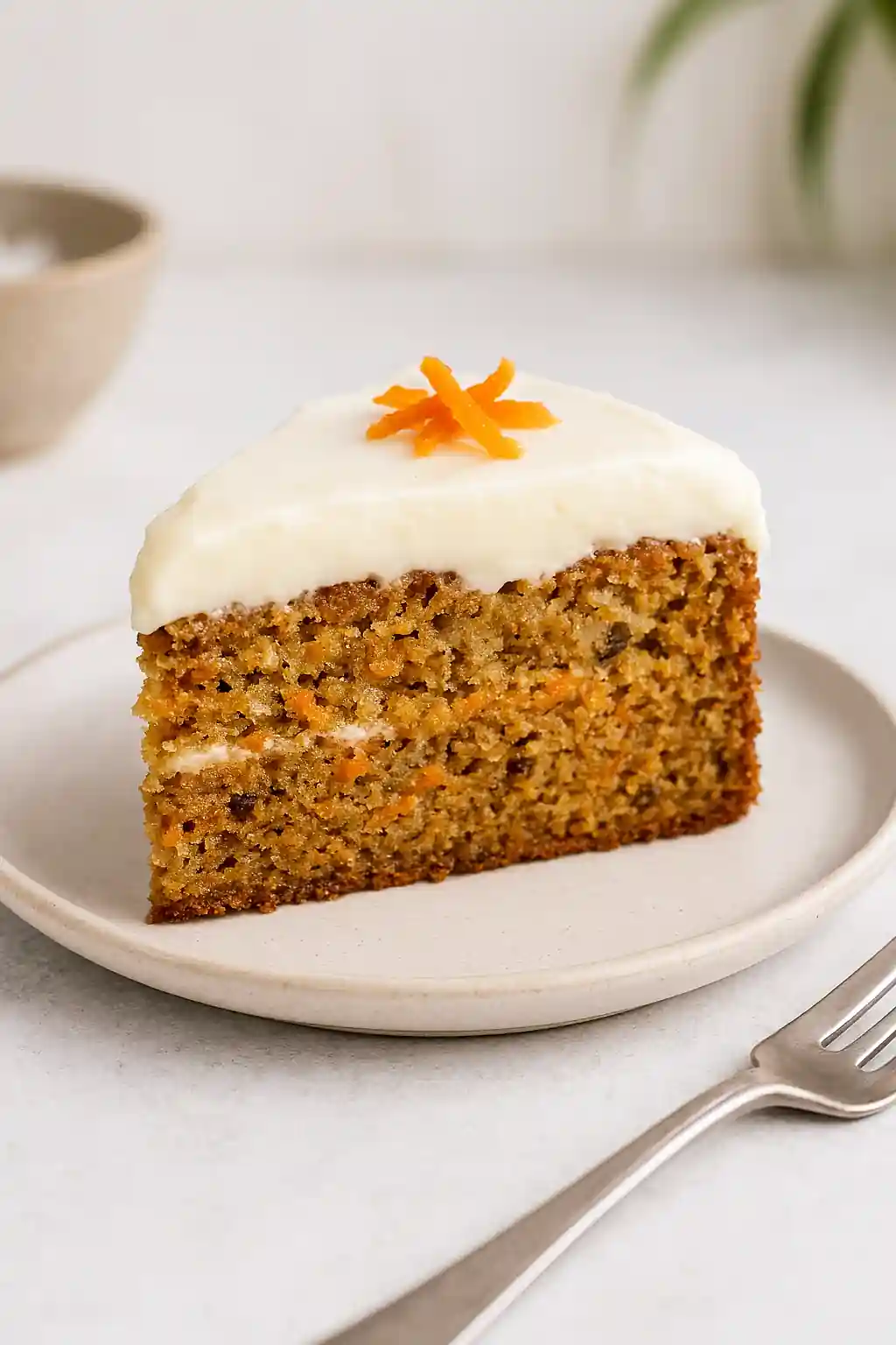 A beautifully plated slice of gluten-free carrot cake topped with cream cheese frosting and carrot shreds, photographed in bright natural kitchen lighting with a minimal modern background.