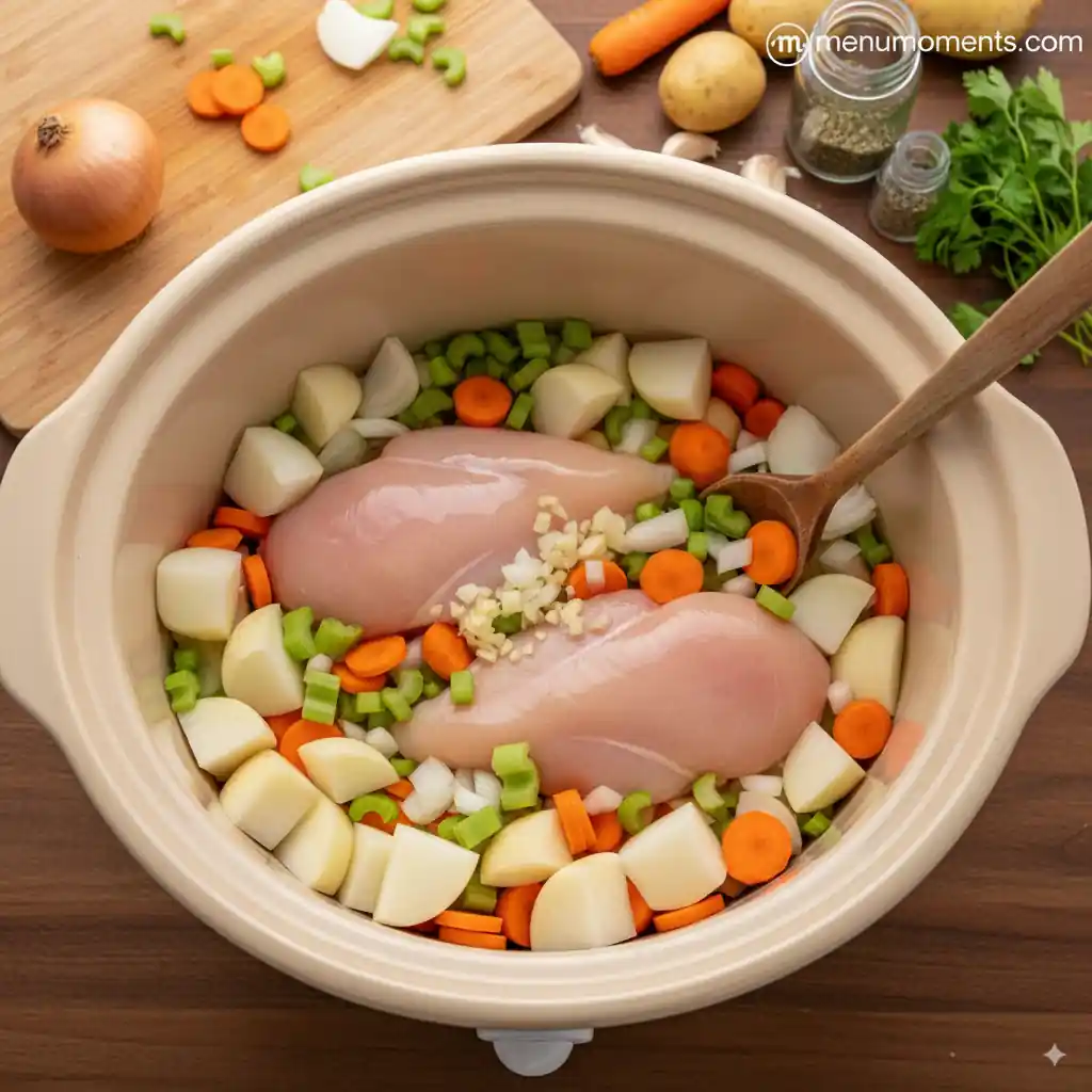 Raw chicken breasts, diced potatoes, chopped carrots, celery, and onion, and minced garlic in a beige crockpot with a wooden spoon. Branding: menumoments.com.
