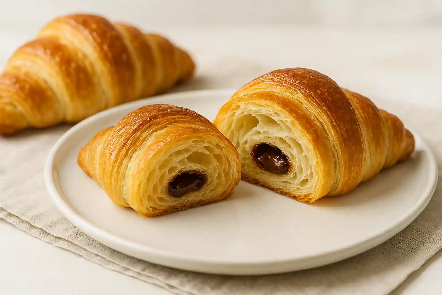 Sliced Swiss Gipfeli recipe with chocolate filling on white ceramic plate in bright kitchen light