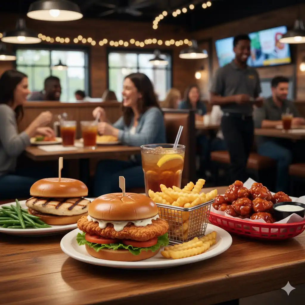 Applebee's chicken options, including a crispy chicken sandwich, grilled chicken breast sandwich with green beans, fries, boneless wings, and iced tea, with diners in the background.