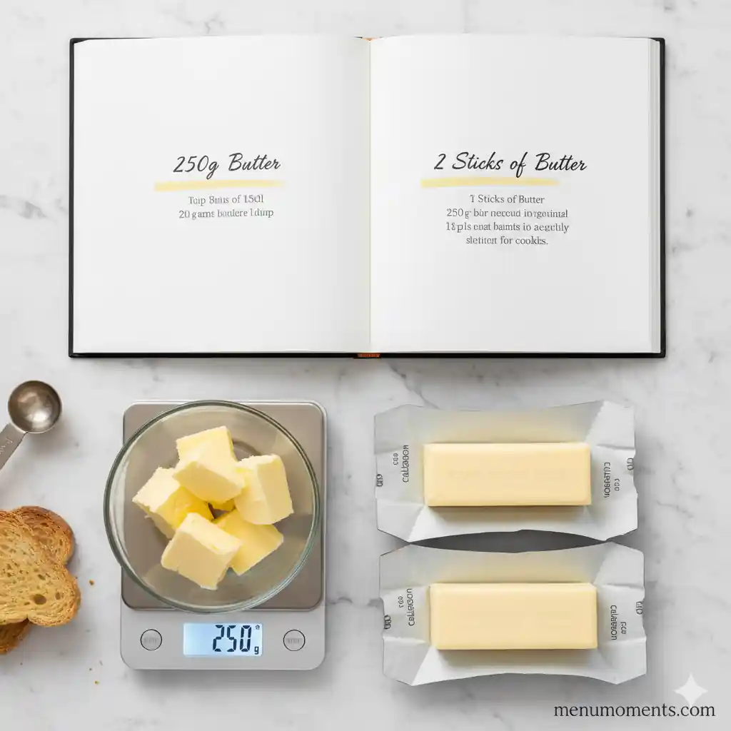 Open recipe book showing butter measurements in grams and sticks, with a kitchen scale and butter sticks for conversion illustration.