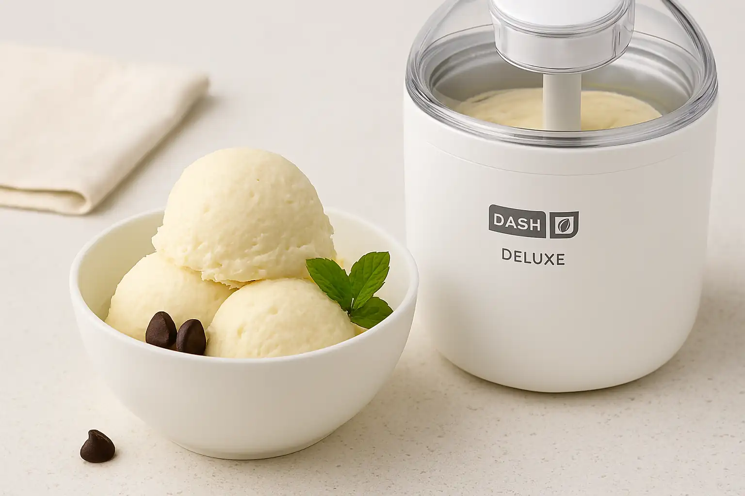Dash Deluxe Ice Cream Maker beside a bowl of vanilla ice cream with mint and chocolate chips on a bright kitchen counter.