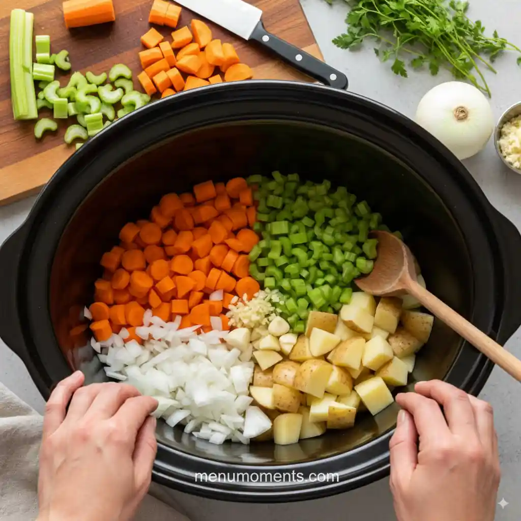 Hands arranging chopped carrots, celery, diced onion, minced garlic, and diced potatoes in the bottom of a black crockpot, with a cutting board and fresh parsley in the background. Branding: menumoments.com