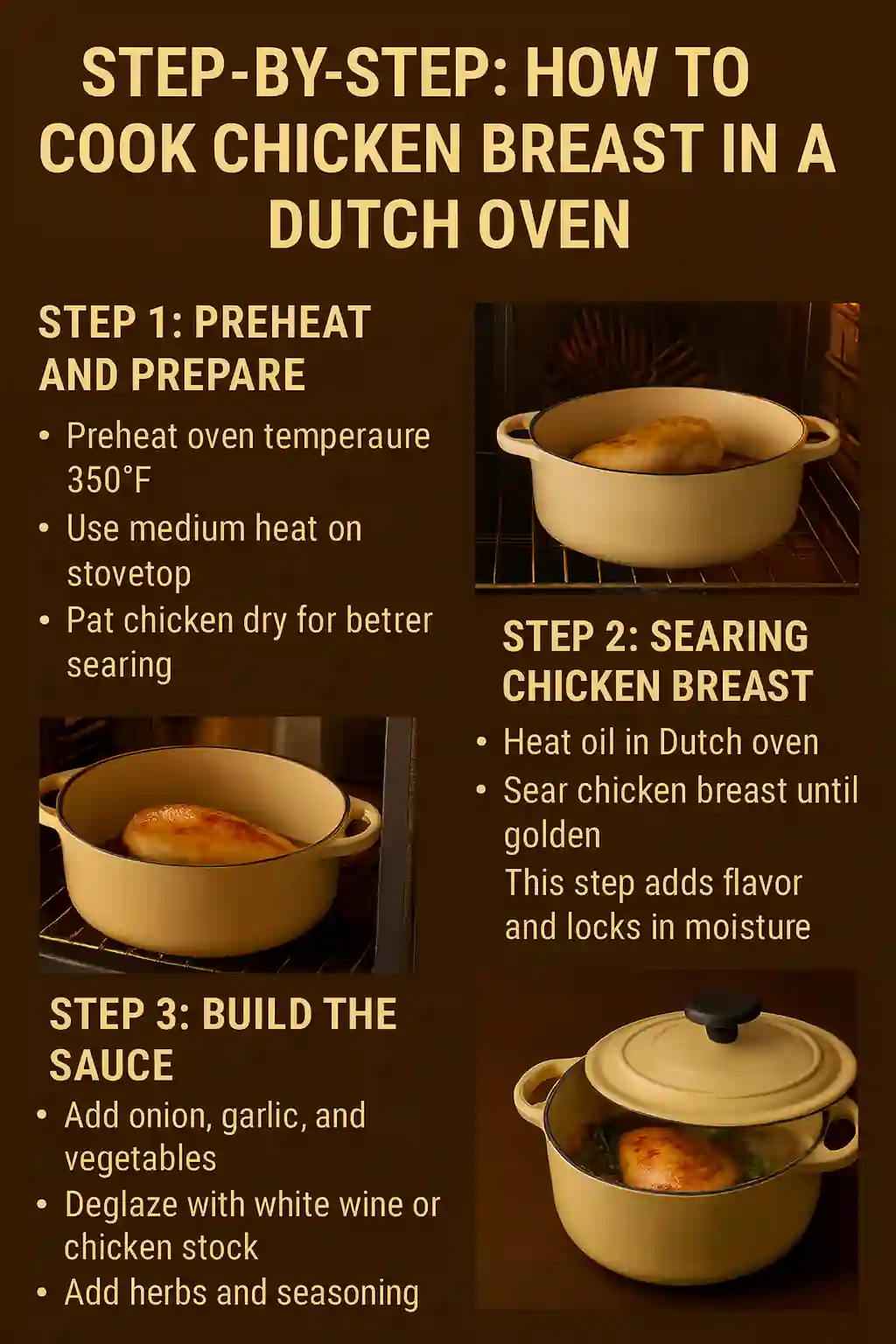 Step-by-step guide showing how to cook chicken breast in a Dutch oven, including preheating, searing, and sauce building