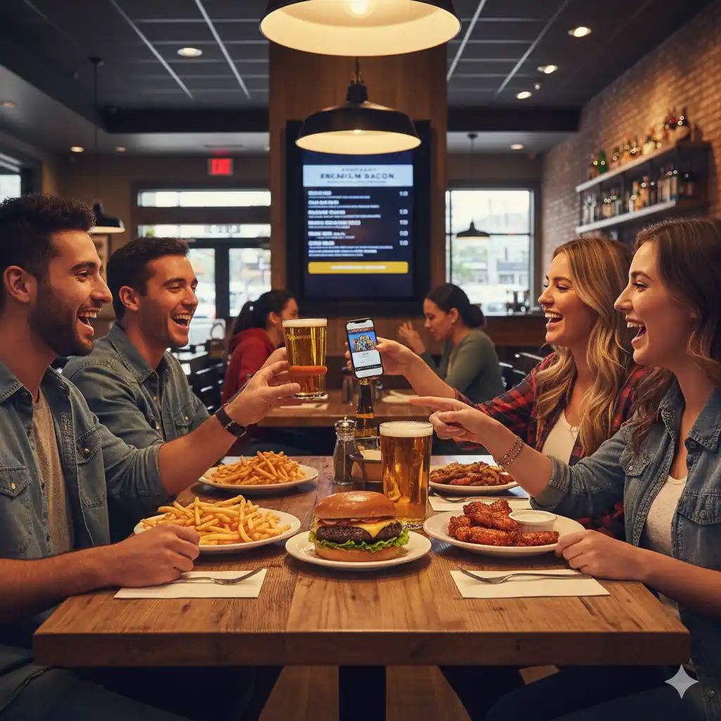 Group of happy friends toasting beers and enjoying burgers, fries, and boneless wings at an Applebee's restaurant.