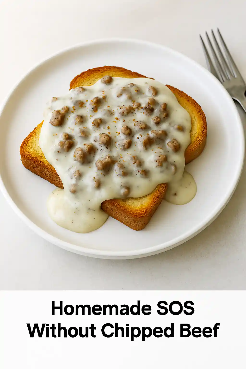 Homemade shit on a shingle (SOS) with ground meat gravy over toast, styled in natural kitchen light with minimal background.