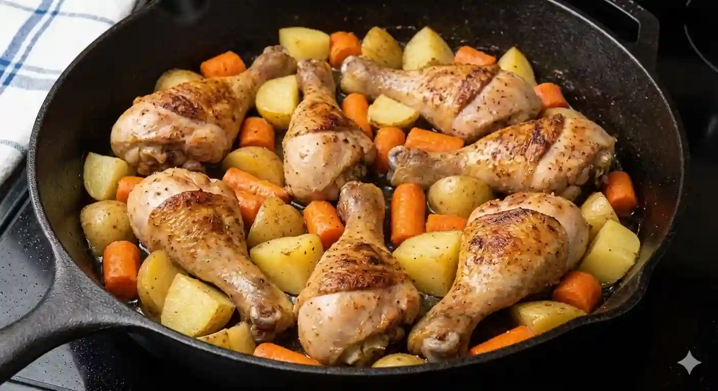 A one-pan meal of chicken drumsticks, potatoes, and carrots cooking in a cast iron skillet.