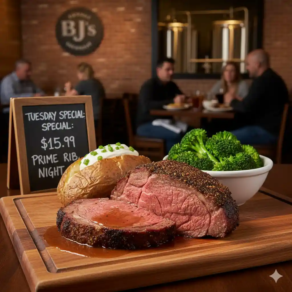 Sliced prime rib dinner with a baked potato and broccoli, accompanied by a "Tuesday Special: $15.99 Prime Rib Night" sign at BJ's Restaurant Brewhouse.