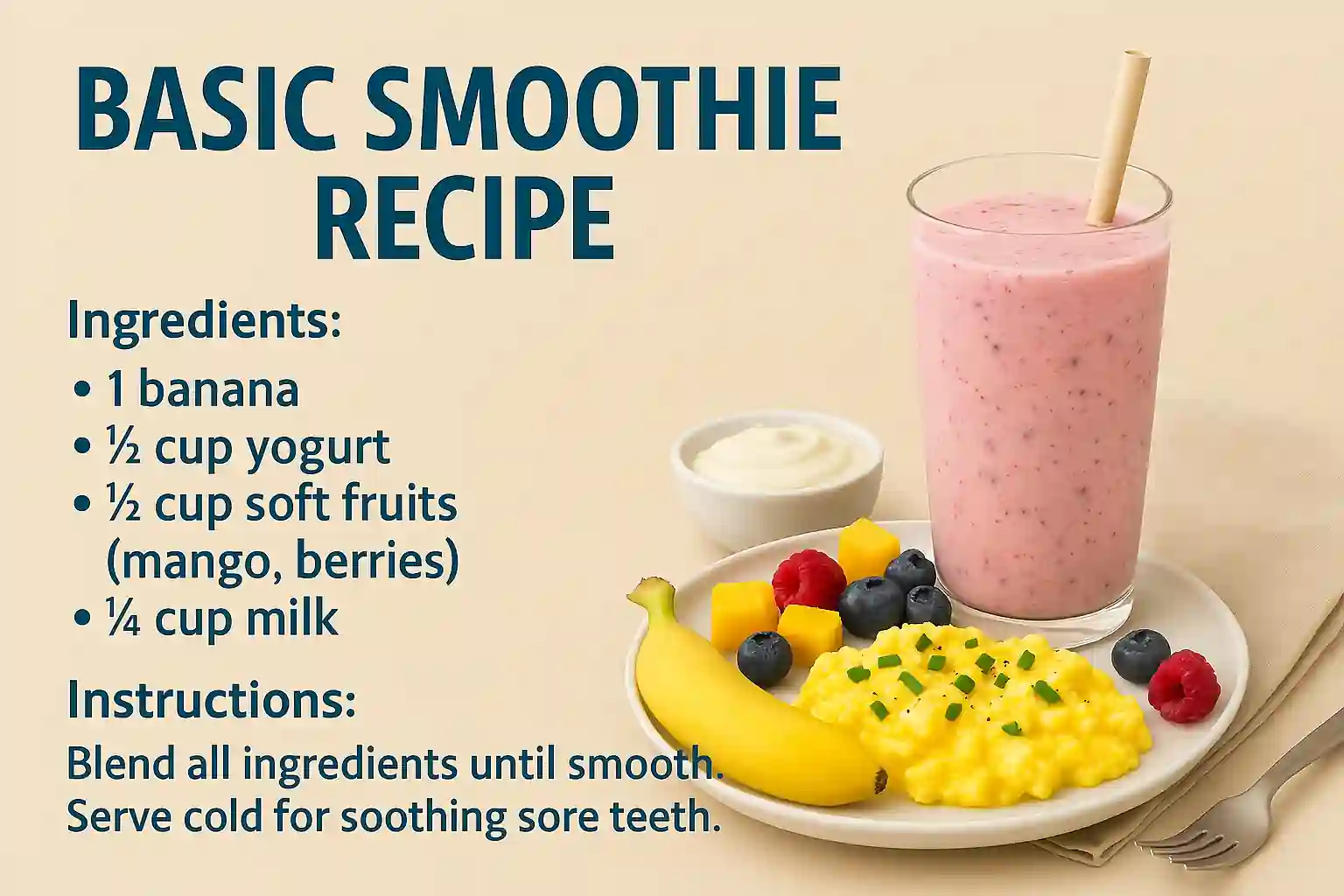 A landscape image of a basic smoothie recipe featuring a banana, yogurt, soft fruits like mango and berries, and milk. The blended smoothie is served in a chilled glass on a wooden table with fresh ingredients surrounding it.