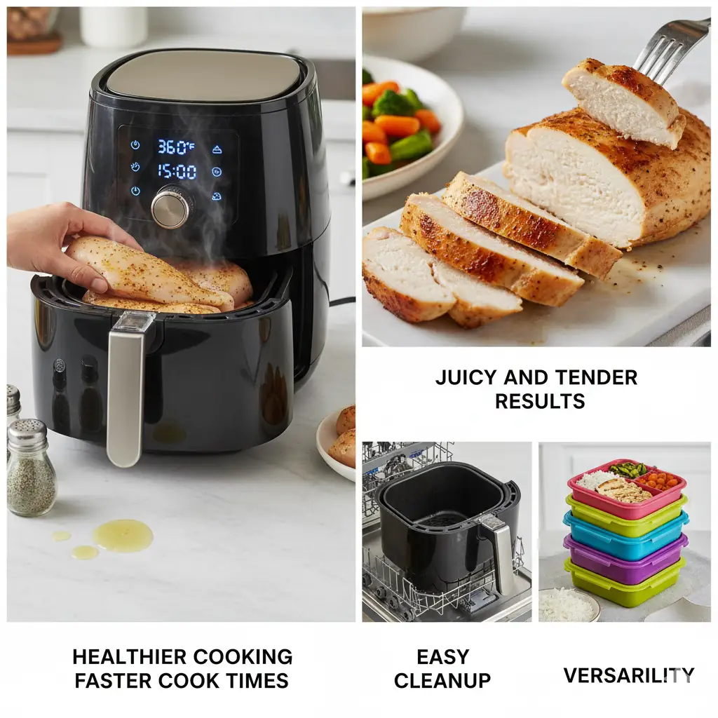Collage highlighting air fryer chicken breast benefits: healthier cooking, faster cook times (chicken placed in air fryer), juicy results (sliced chicken), easy cleanup (basket in dishwasher), and versatility (meal prep containers).