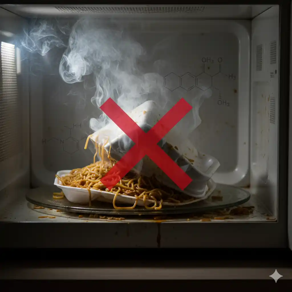 A dirty microwave interior with a melted, smoking foam container filled with noodles, overlaid with chemical structures and a large red 'X' indicating danger.
