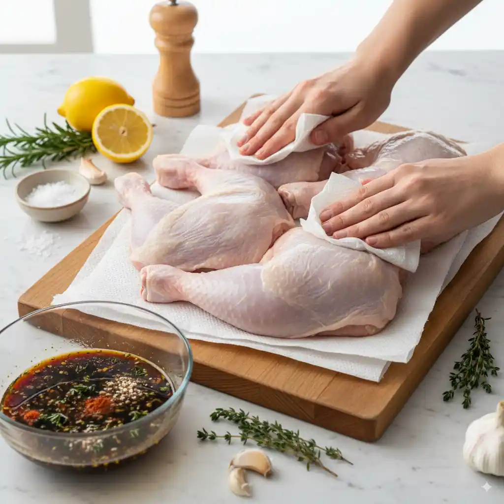 Hands patting raw chicken hindquarters dry with paper towels on a wooden cutting board next to a bowl of marinade and fresh herbs.