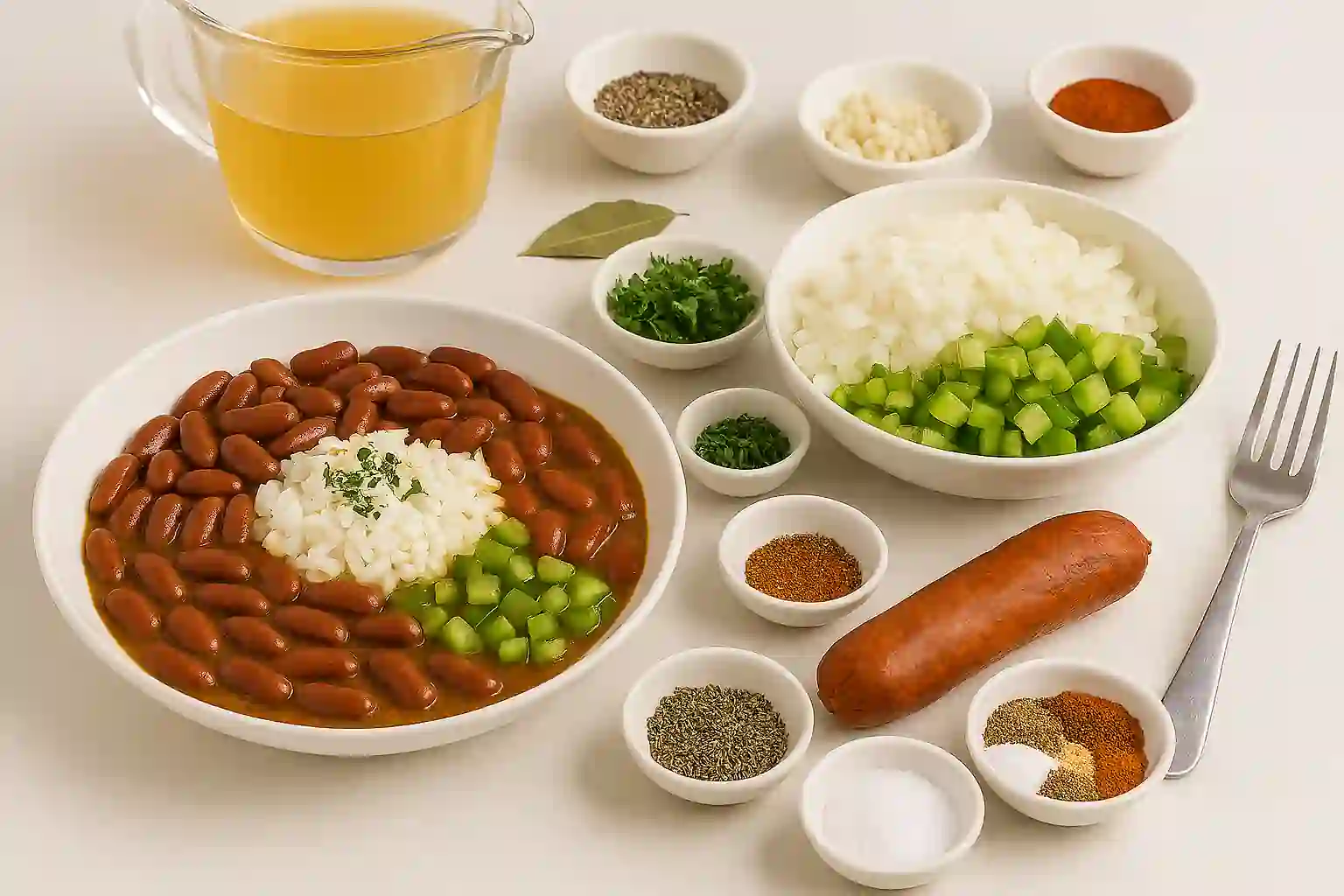 Ingredients for homemade Popeyes red beans recipe including red beans, vegetables, spices, and smoked sausage on a kitchen counter