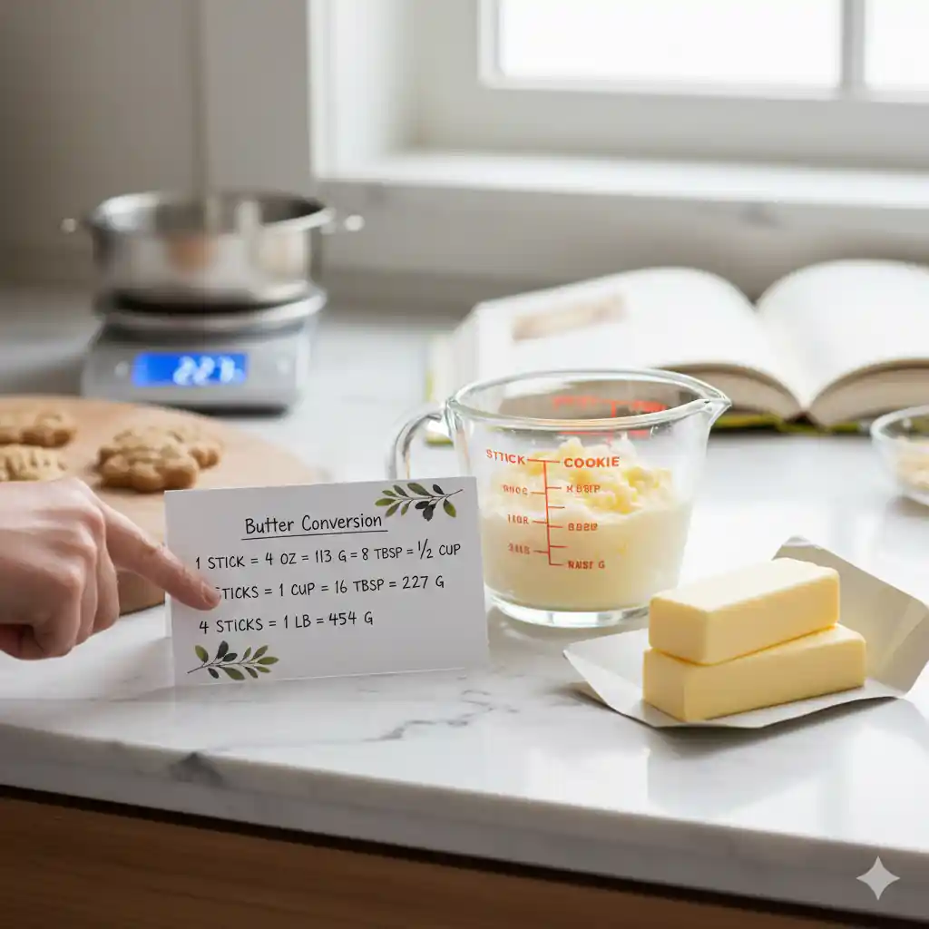 A hand pointing to a butter conversion chart on a marble counter, with sticks of butter, a measuring cup, and a baking cookbook in the background.
