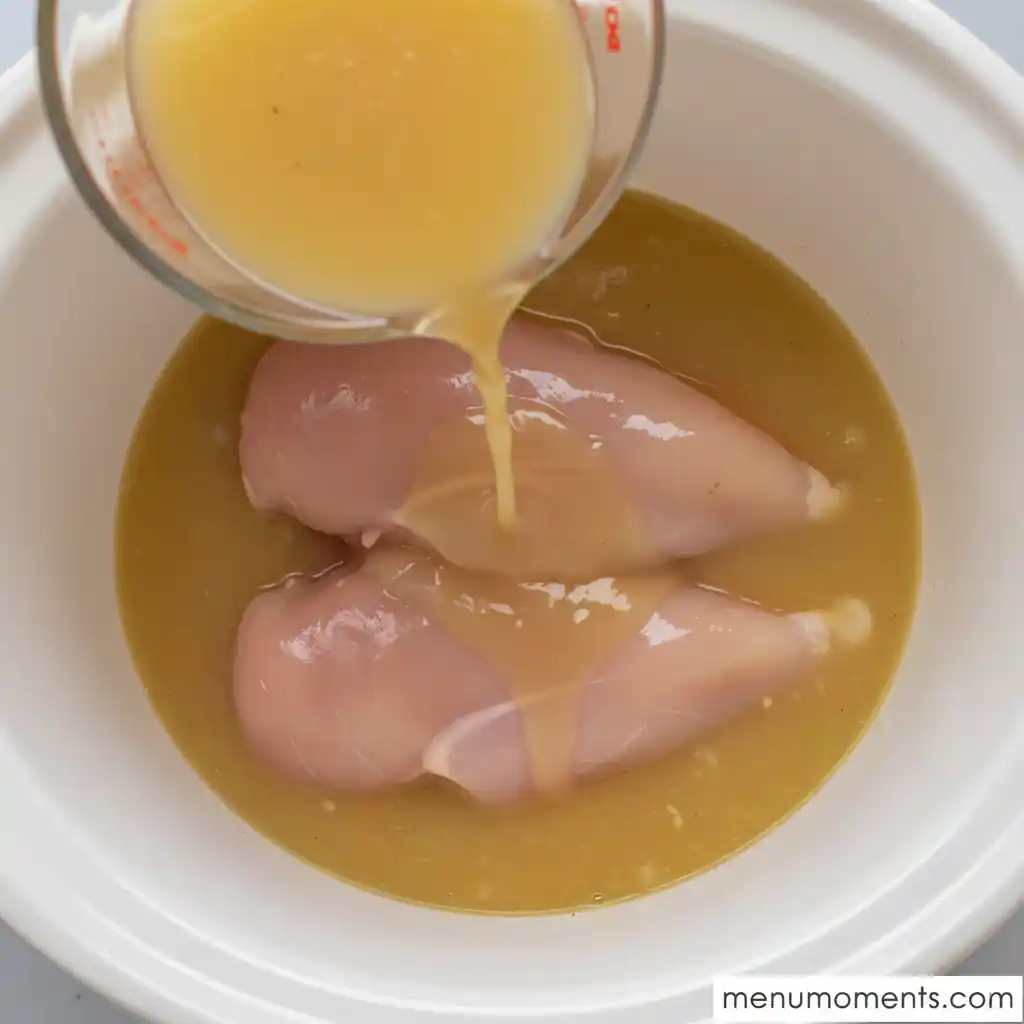 Raw chicken breasts placed over vegetables in a crockpot, with chicken broth being poured from a measuring cup, for crockpot chicken noodle soup. menumoments.com