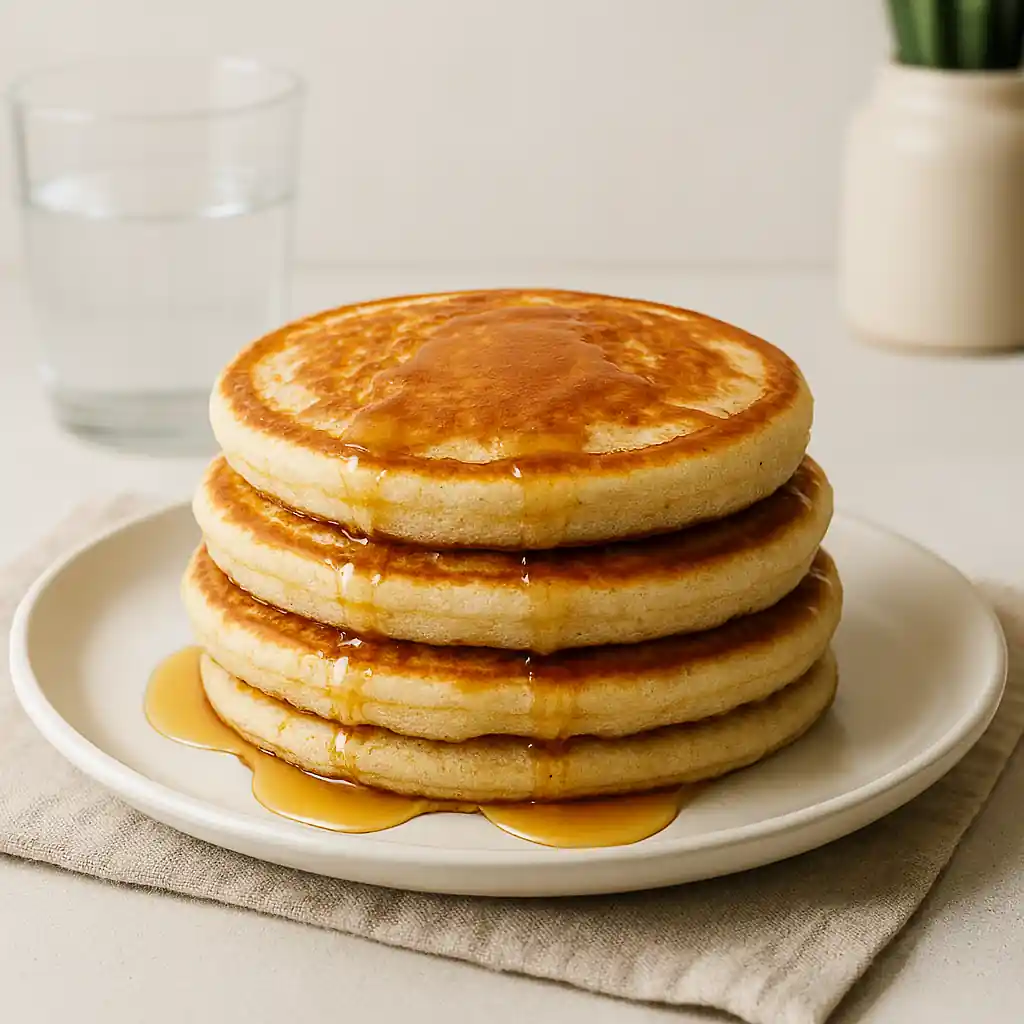 Single golden-brown dairy-free pancake topped with maple syrup and fresh berries, plated on a white dish in bright natural kitchen lighting.