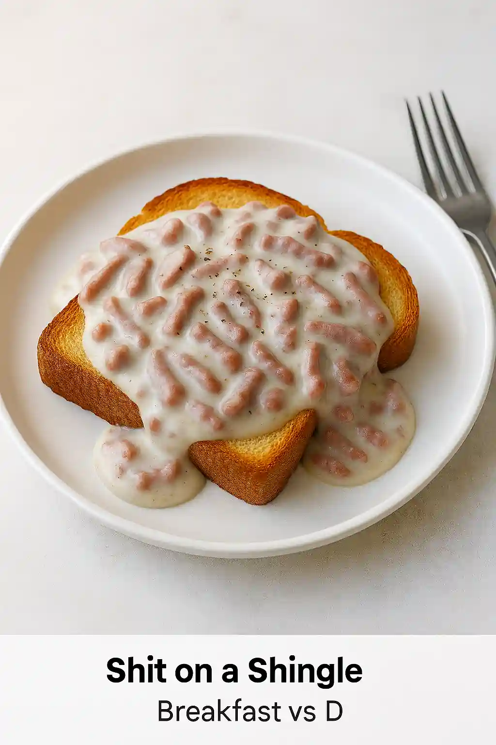 Two servings of creamed chipped beef on toast (shit on a shingle), styled for breakfast and dinner in bright natural kitchen light.