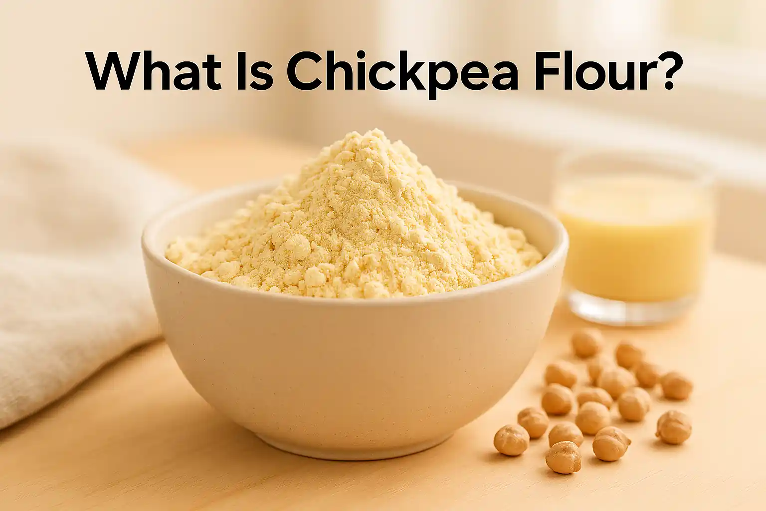 A beige ceramic bowl filled with fine chickpea flour recipes, surrounded by raw chickpeas on a light wooden surface with soft natural lighting and a minimal background.