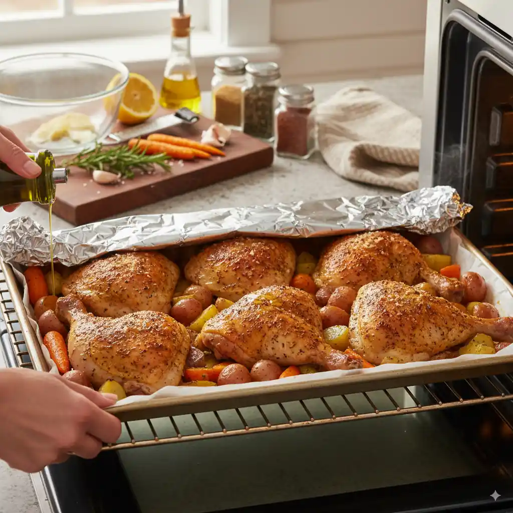 A kitchen scene showing a hand carefully sliding a baking sheet with seasoned chicken hindquarters and vegetables into a preheated oven.