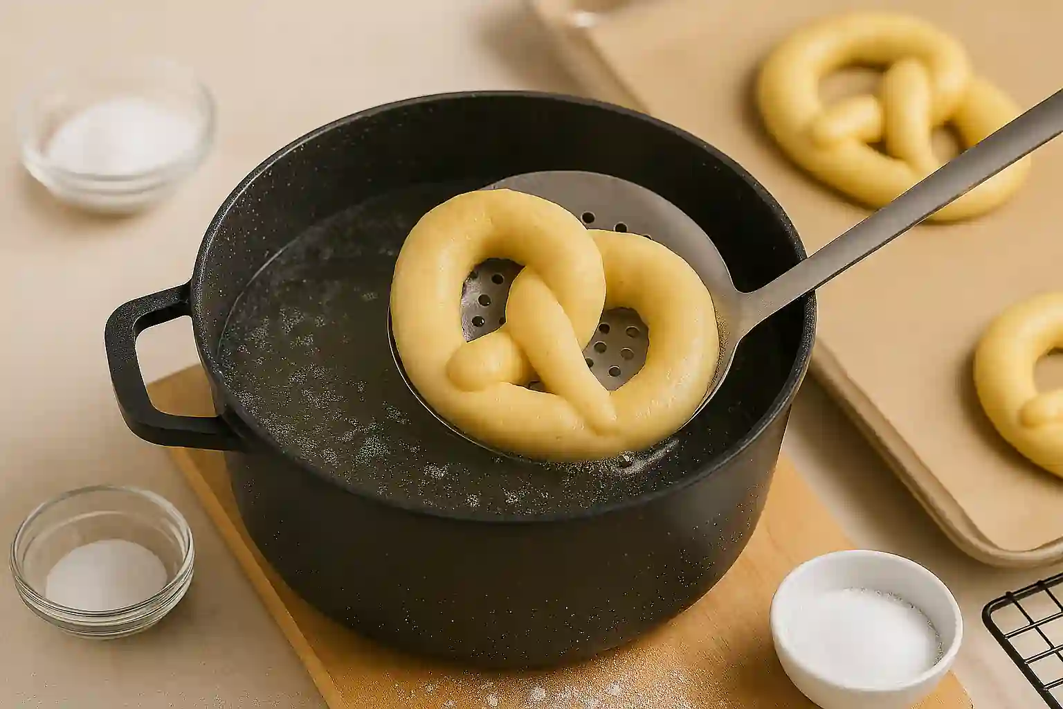 Unbaked pretzel being dipped in baking soda bath with slotted spoon over simmering pot, parchment tray nearby