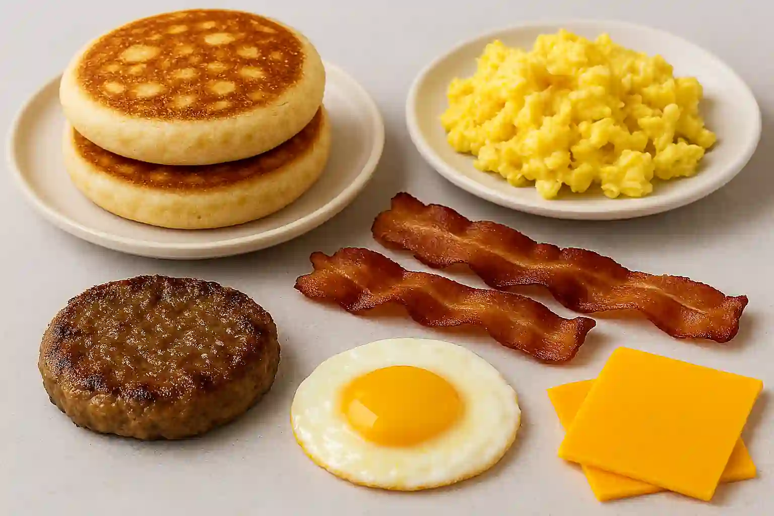 Homemade breakfast sandwich with pancake buns, sausage patty, bacon, scrambled eggs, and melted cheddar cheese on a ceramic plate