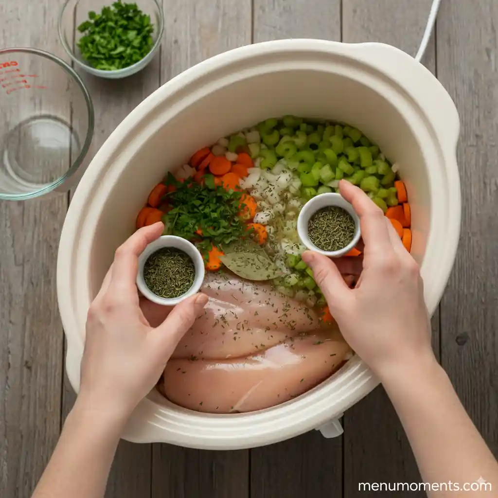 Overhead shot of hands adding dried parsley and thyme from small white bowls into a crockpot containing raw chicken, chopped vegetables, and broth, avoiding salt, on a wooden surface.