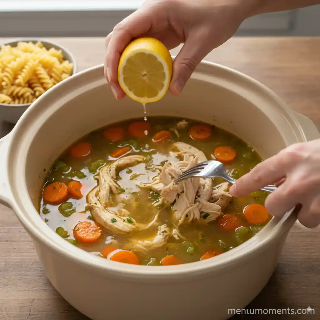 Overhead view of hands shredding cooked chicken in a crockpot of soup with two forks while squeezing a fresh lemon half over it, with a bowl of cooked pasta in the background.