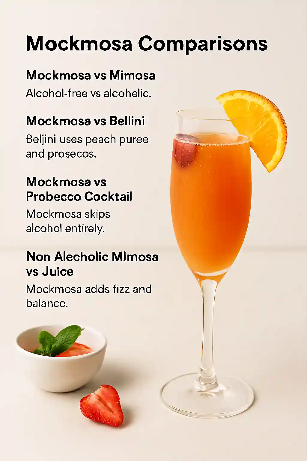 Side-by-side comparison of mockmosa, mimosa, bellini, and prosecco cocktail in champagne flutes, styled on a marble surface with bright natural lighting.
