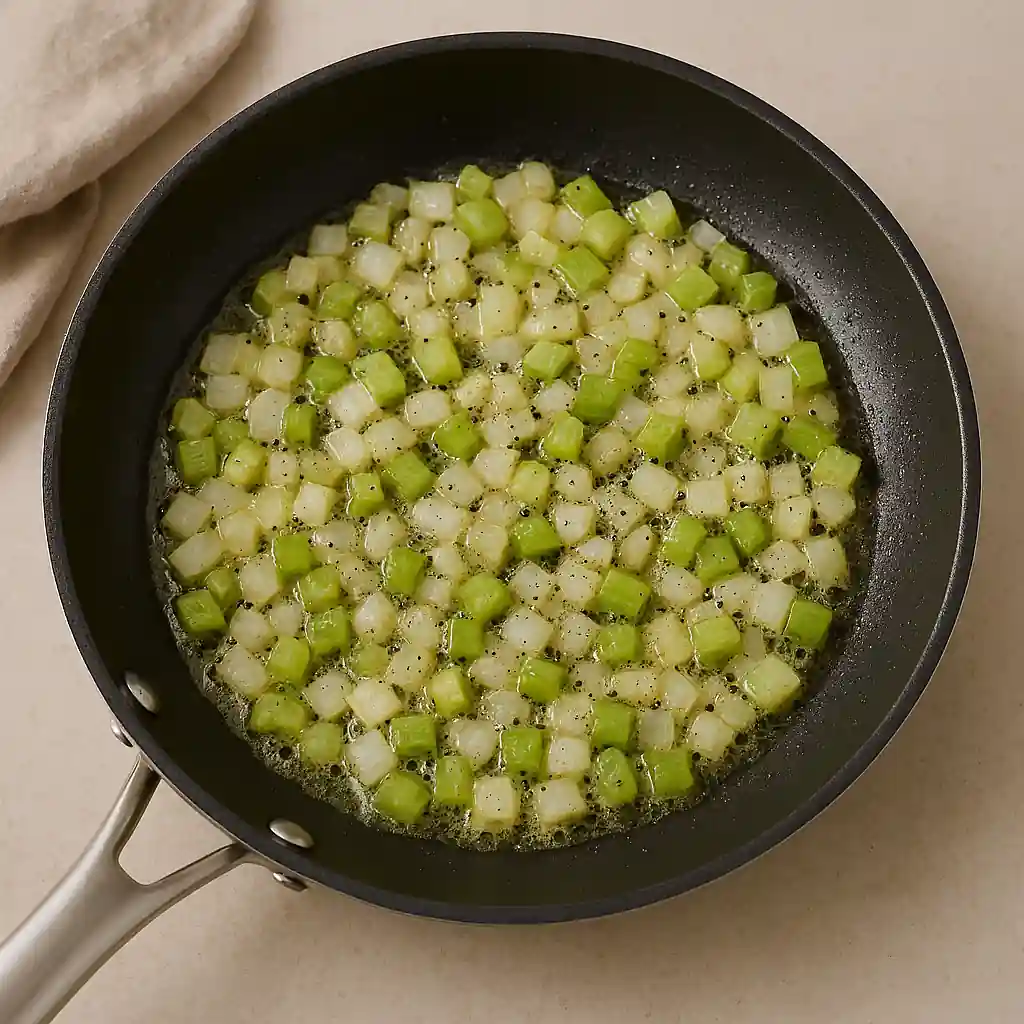 Sautéed diced zucchini and onion in a black non-stick frying pan on a light kitchen surface.