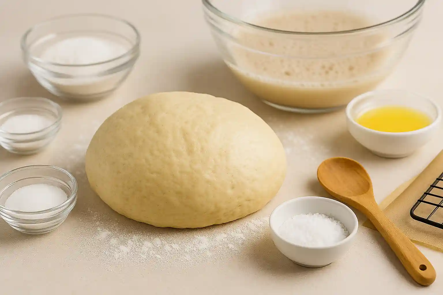 Homemade yeast dough for auntie anne's pretzel recipe being kneaded on a floured surface with mixing bowl and ingredients