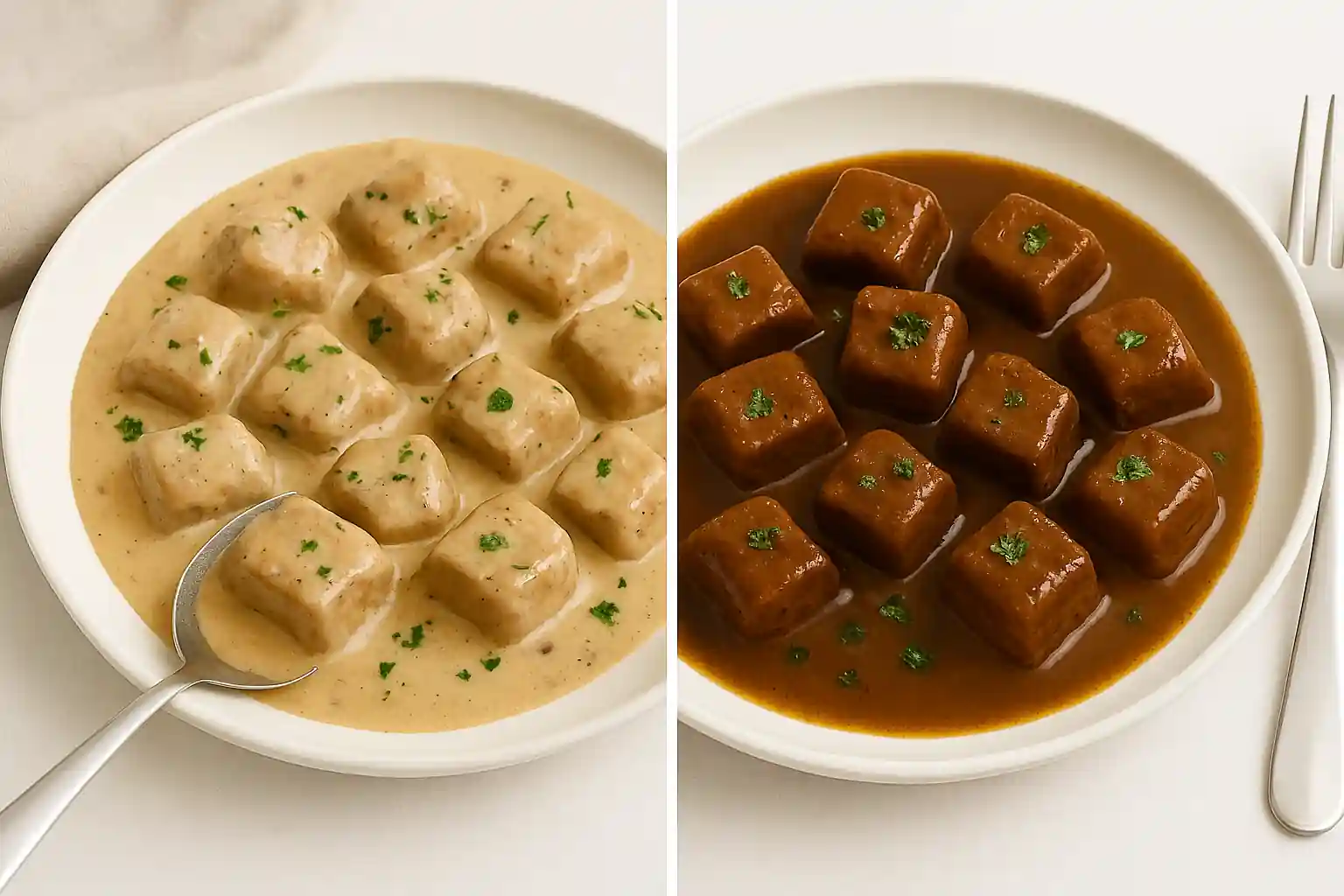 Side-by-side comparison of creamy and non-creamy beef tips plated with gravy and parsley garnish