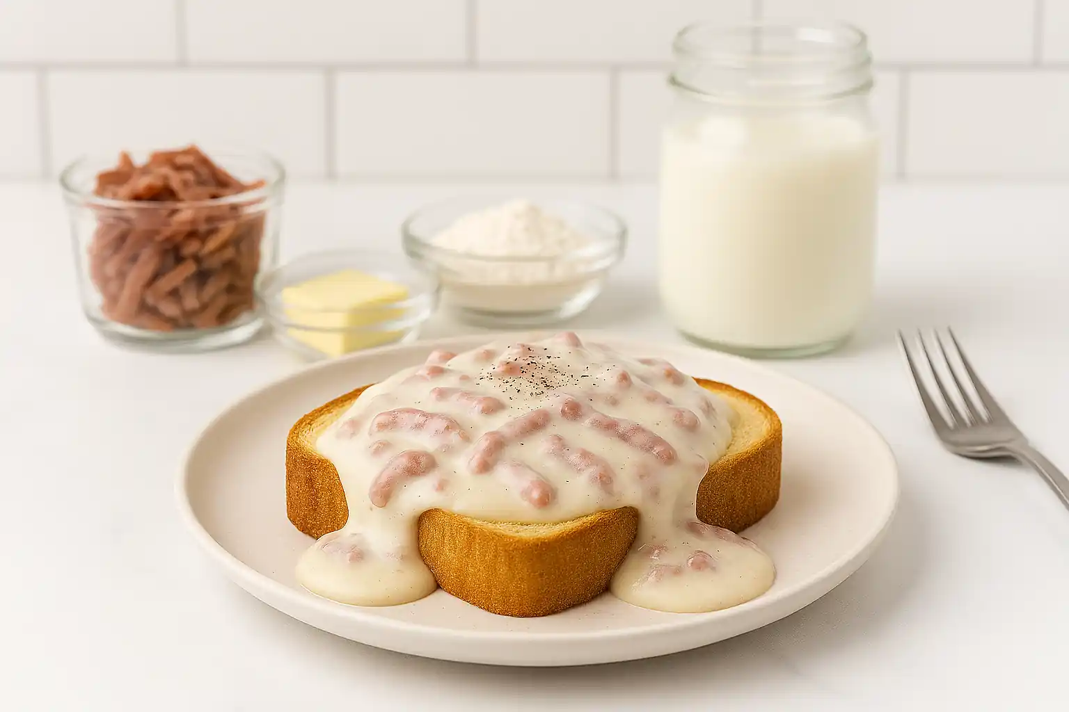 Classic shit on a shingle recipe featuring creamed chipped beef in white gravy over golden toasted bread, plated with core ingredients in a bright kitchen setting.