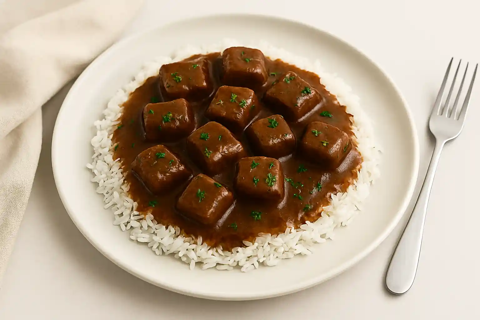 Southern-style beef tips plated over white rice with rich brown gravy and parsley garnish